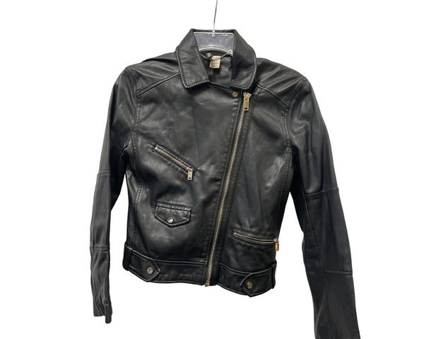 H&M Divided Womens Black Faux Leather Biker Jacket Zip & Snap Closure Size 6