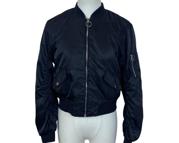 Pull & Bear Women's Black Bomber Jacket Zipper Pocket Ribbed Hem Size M