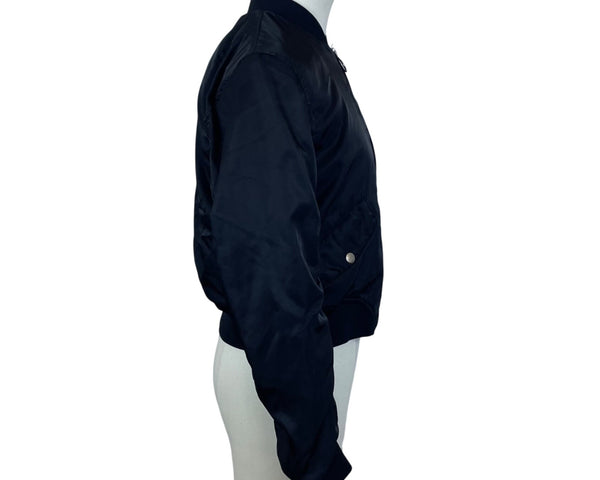Pull & Bear Women's Black Bomber Jacket Zipper Pocket Ribbed Hem Size M