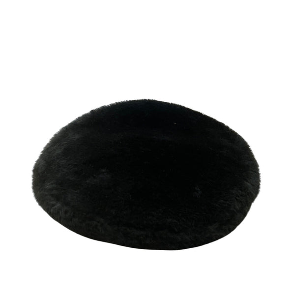 Black Faux Fur Beret Hat With Genuine Leather Adjustable Band One Size