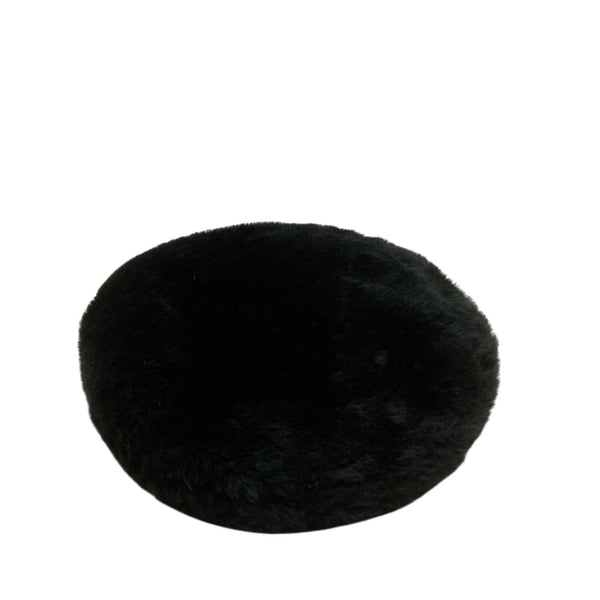 Black Faux Fur Beret Hat With Genuine Leather Adjustable Band One Size