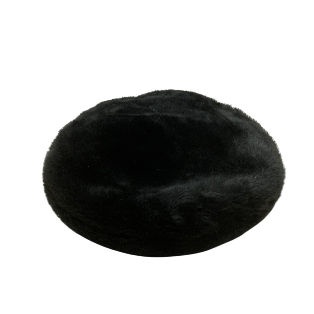 Black Faux Fur Beret Hat With Genuine Leather Adjustable Band One Size