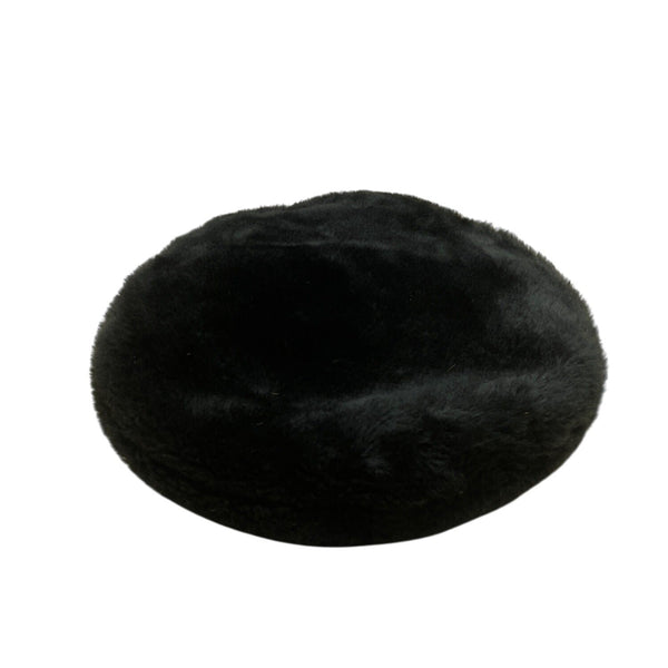 Black Faux Fur Beret Hat With Genuine Leather Adjustable Band One Size