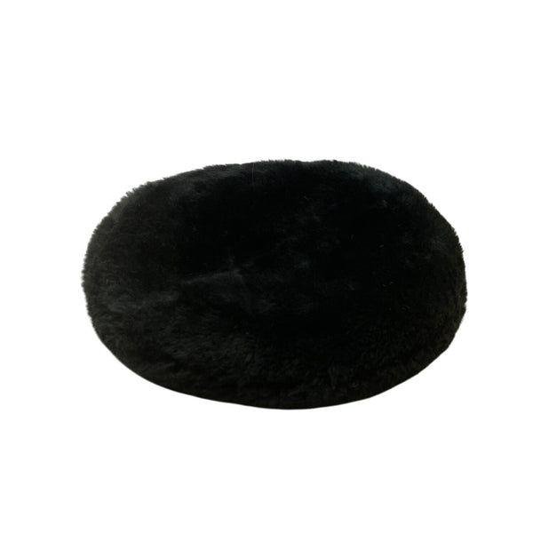Black Faux Fur Beret Hat With Genuine Leather Adjustable Band One Size