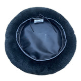 Black Faux Fur Beret Hat With Genuine Leather Adjustable Band One Size