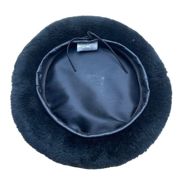 Black Faux Fur Beret Hat With Genuine Leather Adjustable Band One Size