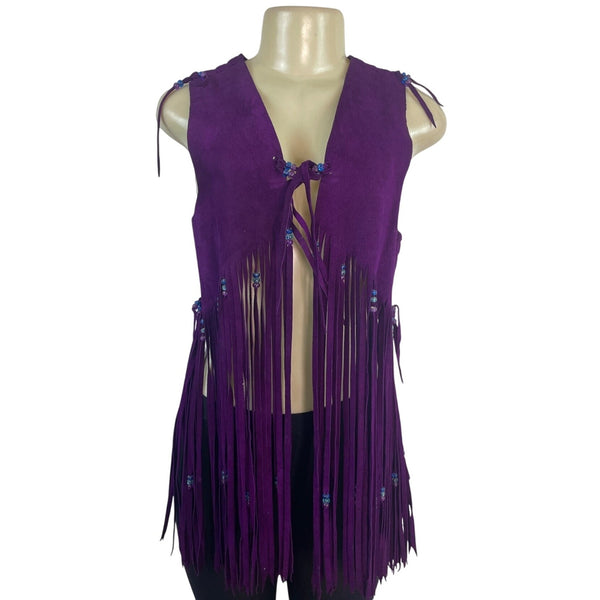 Womens Purple Suede Fringe Vest With Beaded Accents