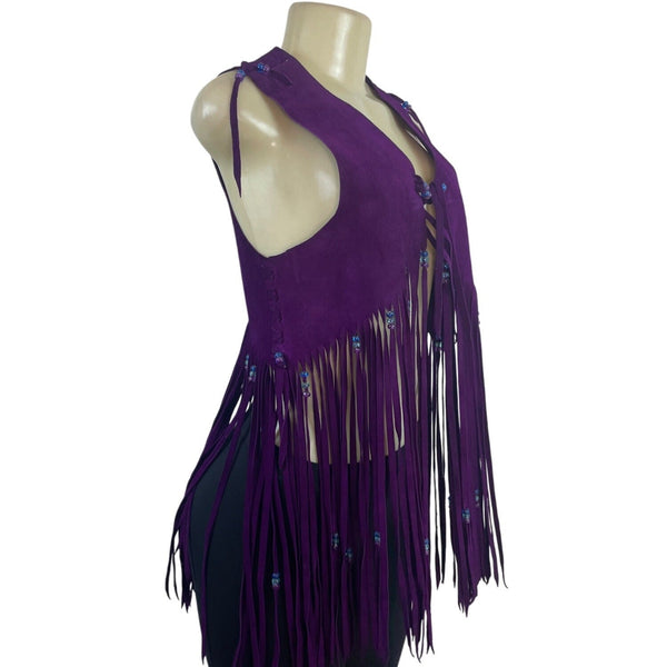 Womens Purple Suede Fringe Vest With Beaded Accents