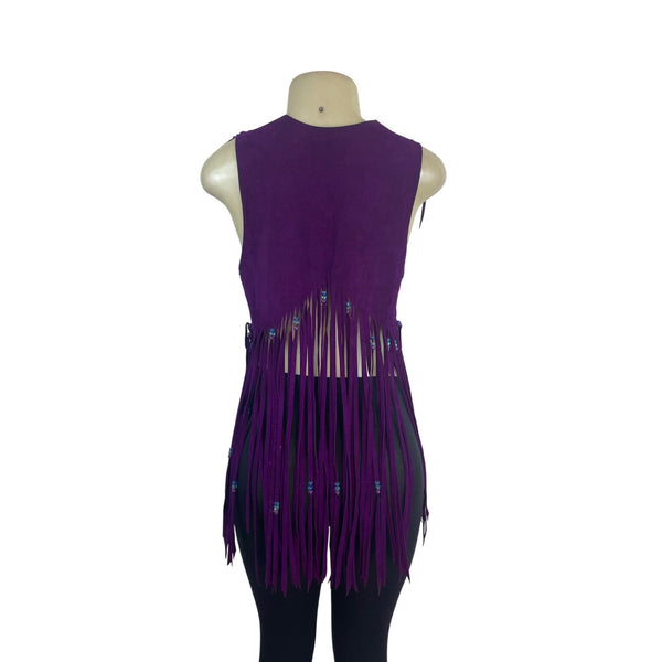 Womens Purple Suede Fringe Vest With Beaded Accents