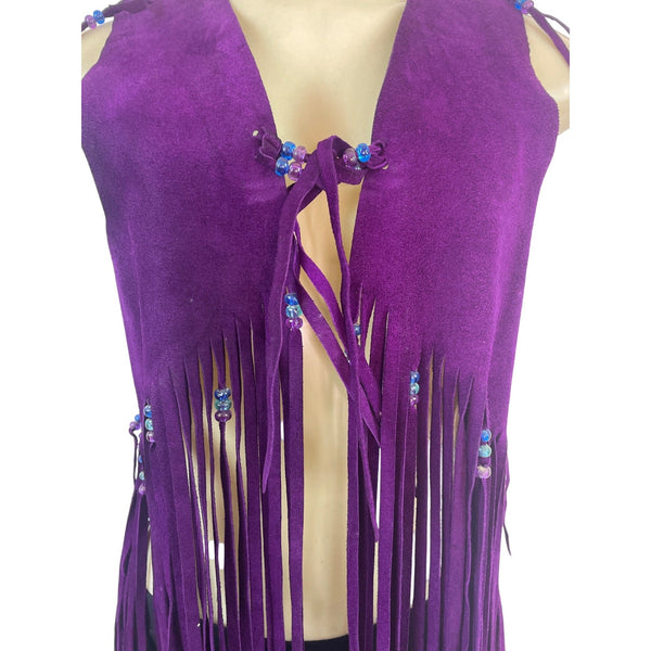 Womens Purple Suede Fringe Vest With Beaded Accents