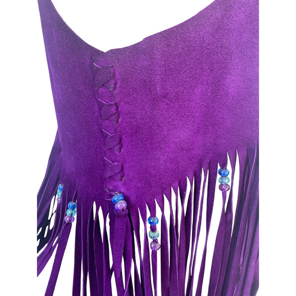 Womens Purple Suede Fringe Vest With Beaded Accents