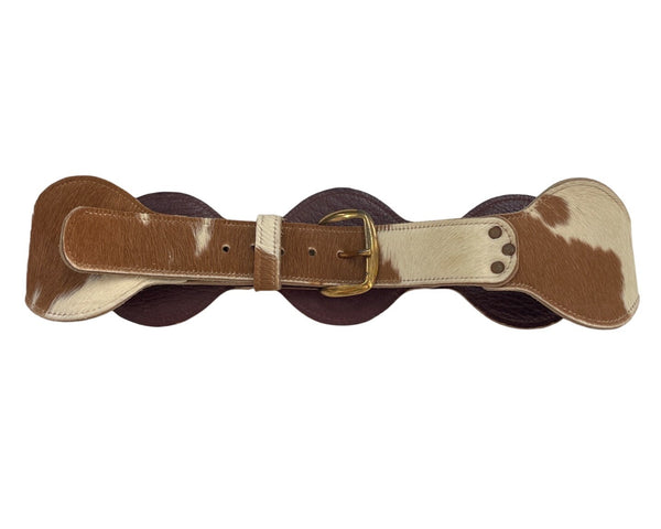 Genuine Calf Hair Belt Brown & White Leather Western Style 26 Inches Adjustable