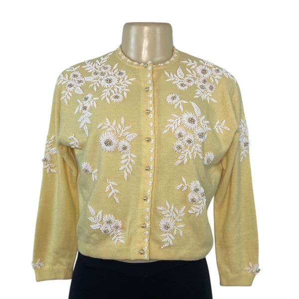 Vintage Lily Koo Yellow Embroidered Cardigan With Floral Pattern & Button Closure