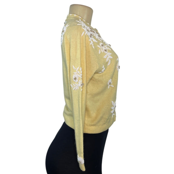 Vintage Lily Koo Yellow Embroidered Cardigan With Floral Pattern & Button Closure