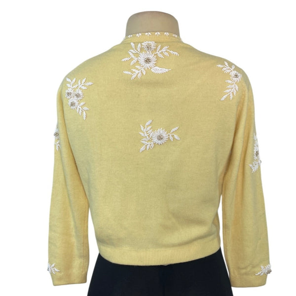 Vintage Lily Koo Yellow Embroidered Cardigan With Floral Pattern & Button Closure
