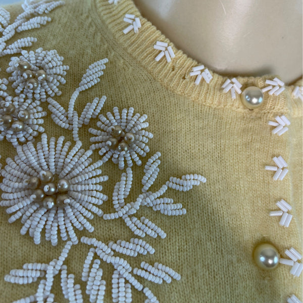Vintage Lily Koo Yellow Embroidered Cardigan With Floral Pattern & Button Closure