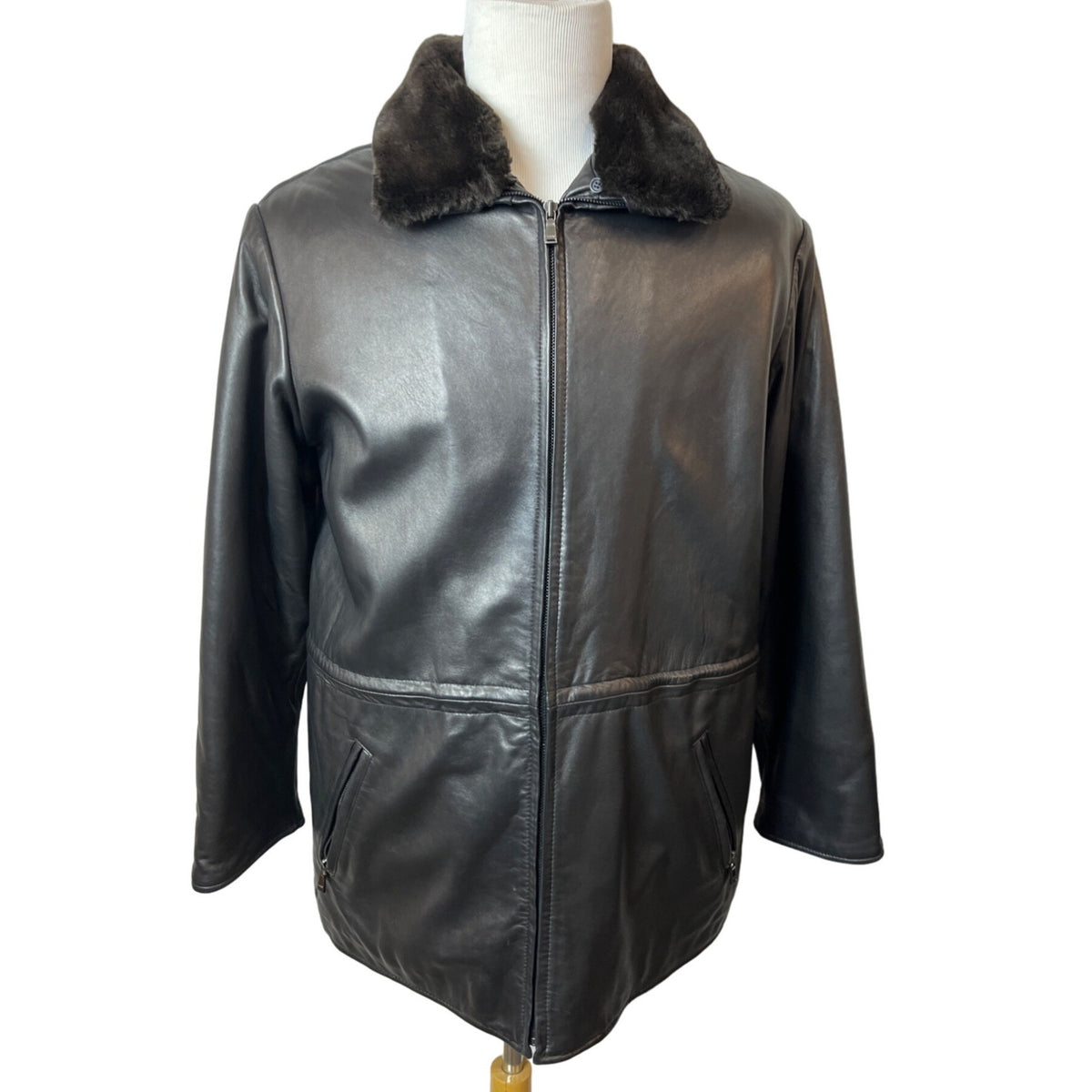 Mens Black Lamb Leather Faux Fur Collar Jacket By Marc New York - New