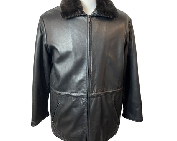 Mens Black Lamb Leather Faux Fur Collar Jacket By Marc New York - New