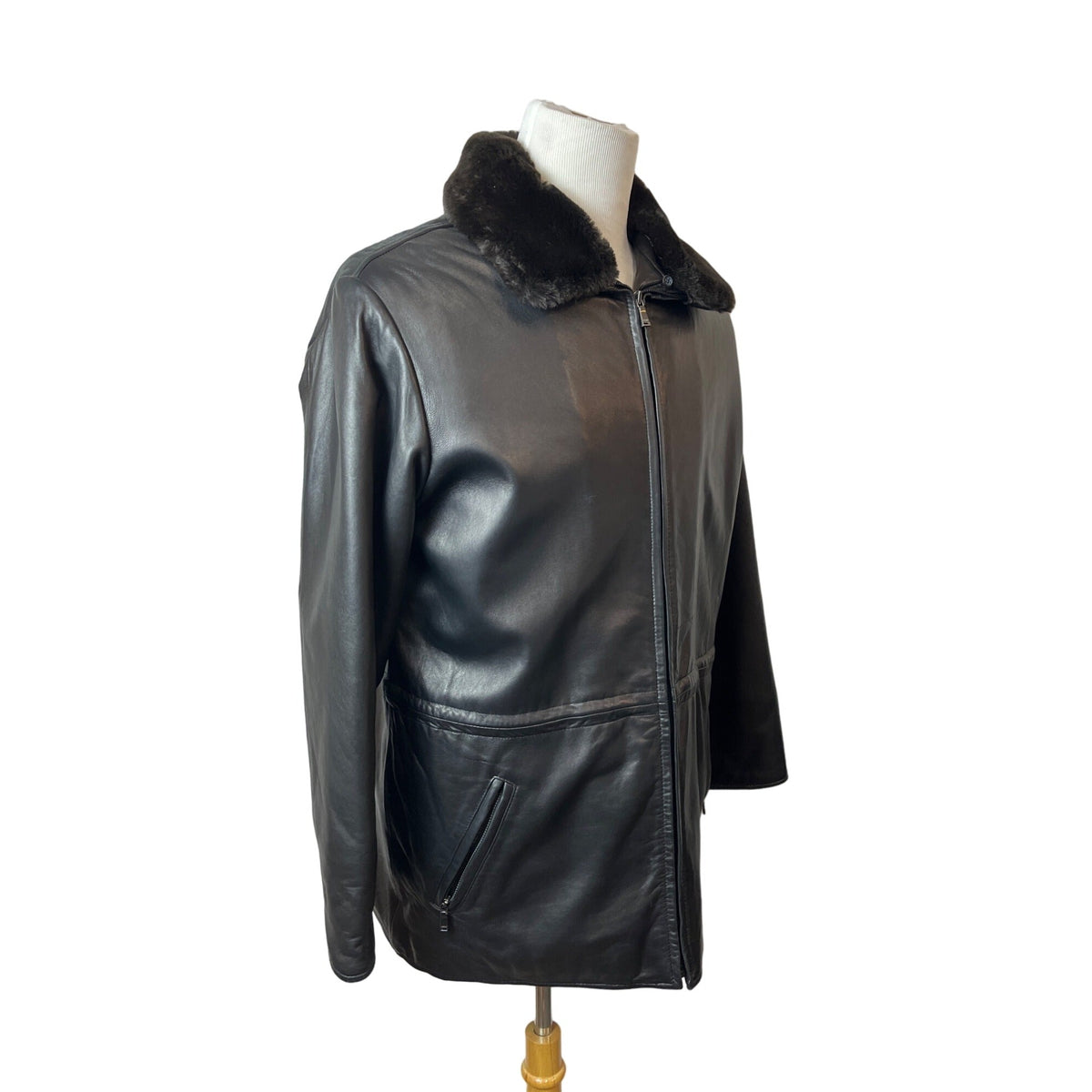 Mens Black Lamb Leather Faux Fur Collar Jacket By Marc New York - New