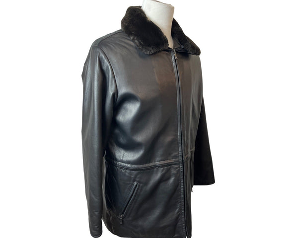 Mens Black Lamb Leather Faux Fur Collar Jacket By Marc New York - New