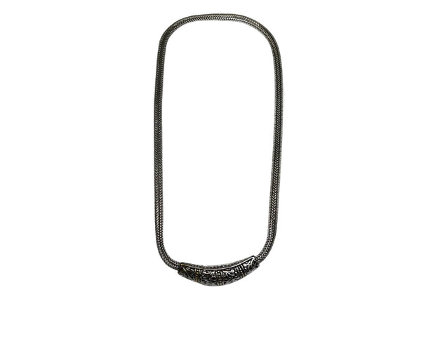 Vintage Silver-Tone Snake Chain Necklace With Ornate Tube Pendant