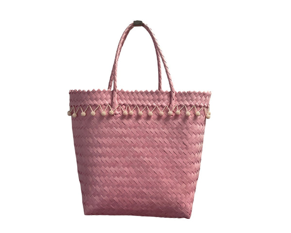 Pink Woven Tote Bag With Tassels Handbag Beach Shoulder Bag