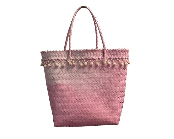 Pink Woven Tote Bag With Tassels Handbag Beach Shoulder Bag