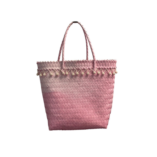 Pink Woven Tote Bag With Tassels Handbag Beach Shoulder Bag
