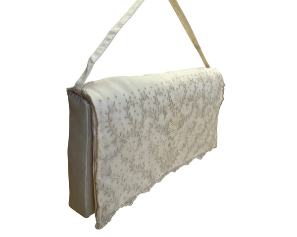 Vintage Tesoro’s White Floral Embroidered Silk With & Hand Strap Handbag Sz S
