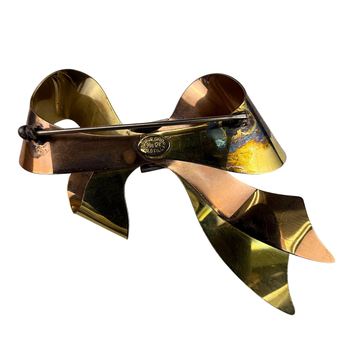 Vintage Taylor Gold Tone Gold Filled Bow Brooch Rhinestone Green Centerpiece