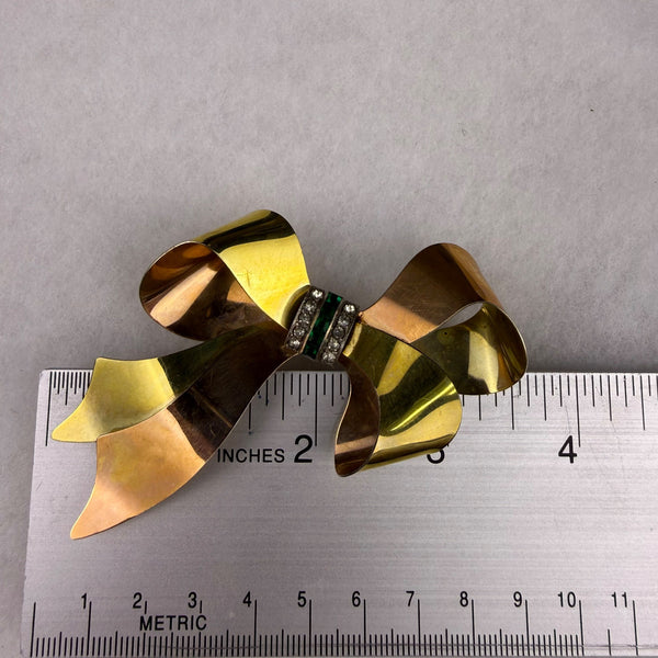 Vintage Taylor Gold Tone Gold Filled Bow Brooch Rhinestone Green Centerpiece