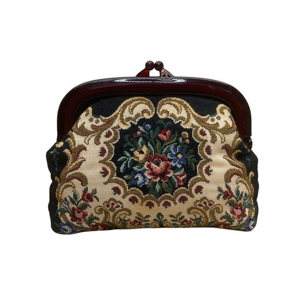 Vintage Floral Tapestry Women’s Black/Brown With Wooden Frame Clutch Purse