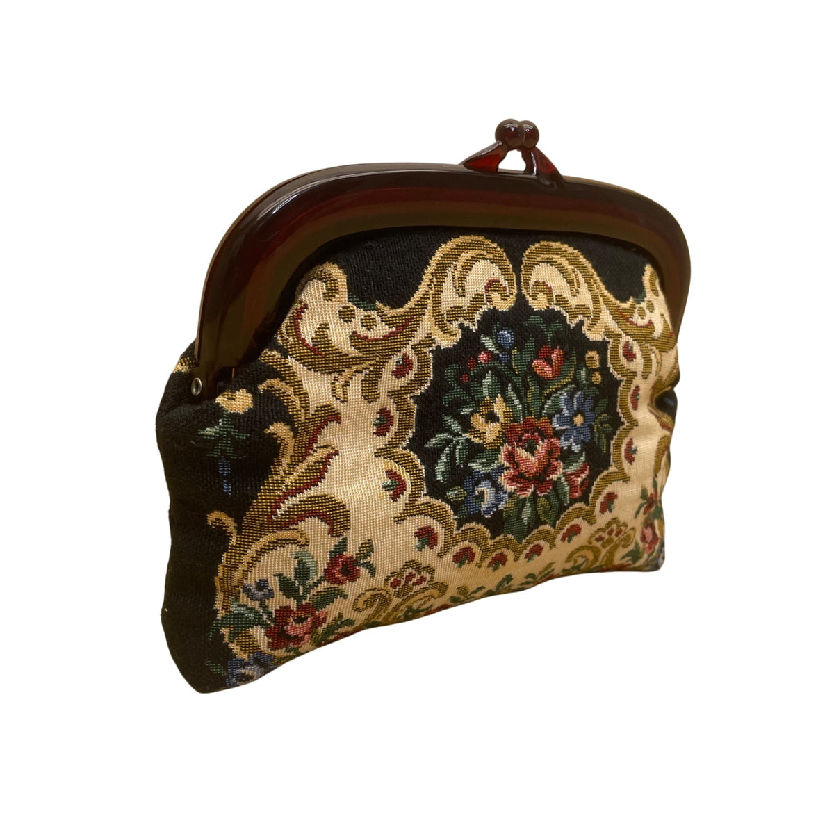 Vintage Floral Tapestry Women’s Black/Brown With Wooden Frame Clutch Purse