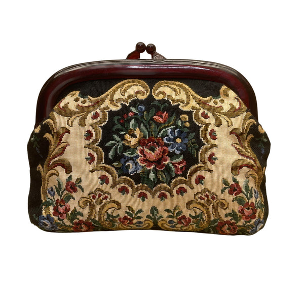 Vintage Floral Tapestry Women’s Black/Brown With Wooden Frame Clutch Purse