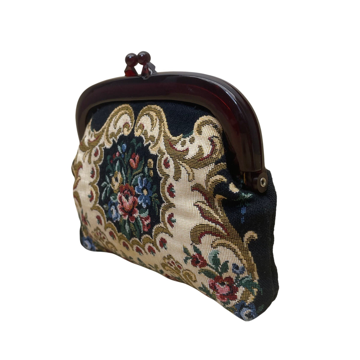 Vintage Floral Tapestry Women’s Black/Brown With Wooden Frame Clutch Purse