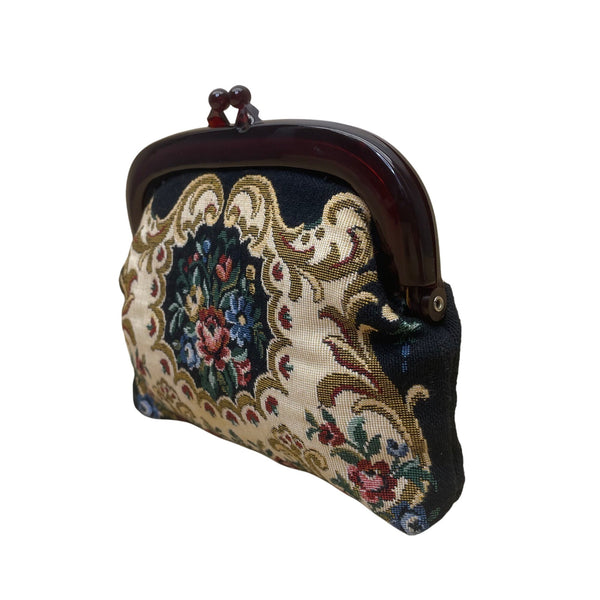 Vintage Floral Tapestry Women’s Black/Brown With Wooden Frame Clutch Purse