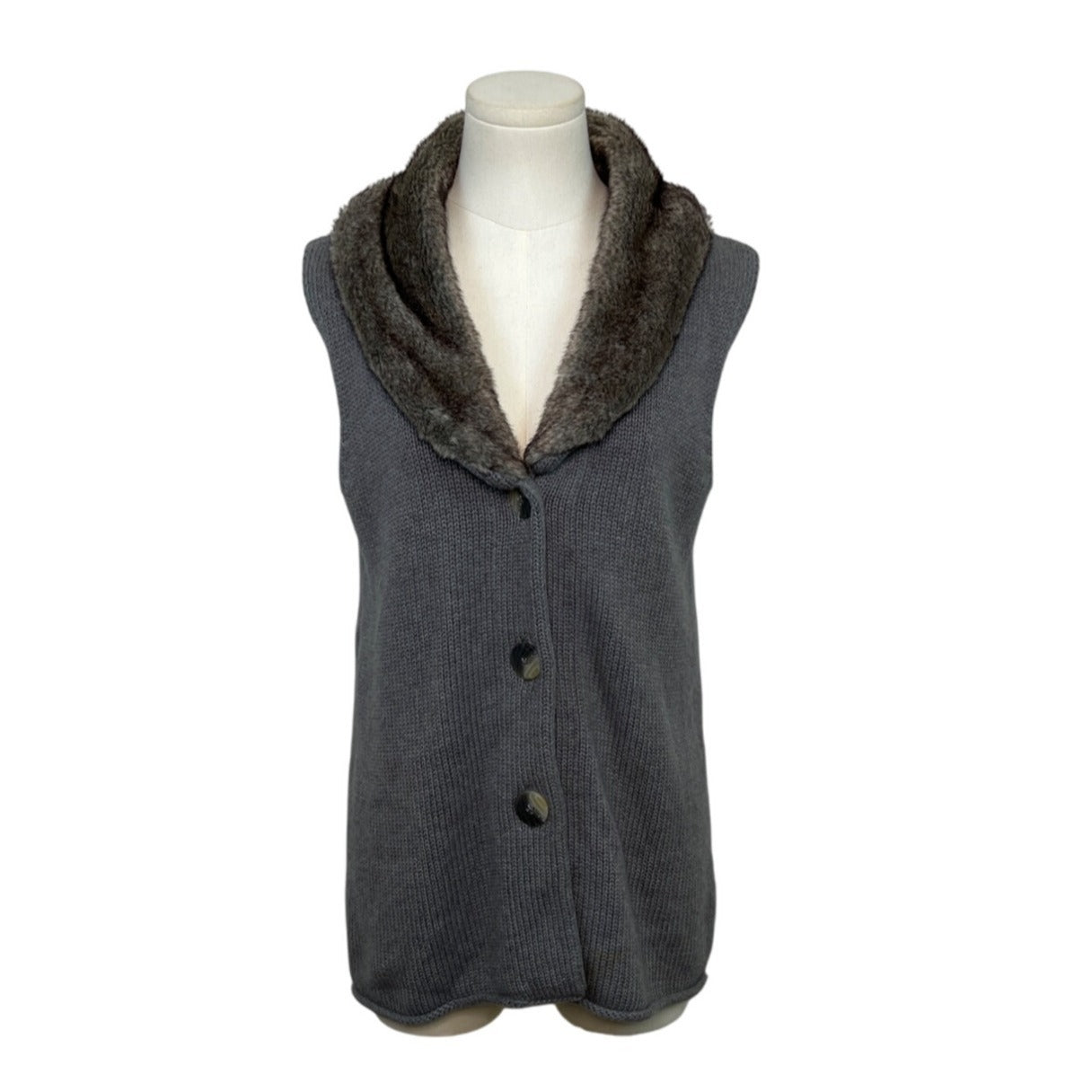 J. Jill Gray Knit Vest With Faux Fur Collar Womens Cotton & Angora Blend Size S