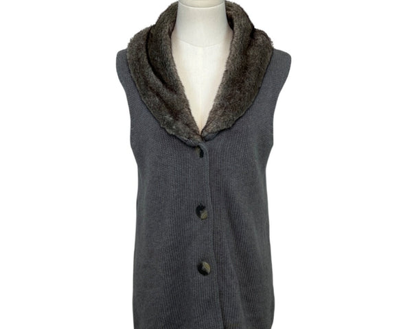 J. Jill Gray Knit Vest With Faux Fur Collar Women's Cotton & Angora Blend Size S