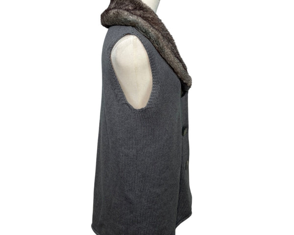 J. Jill Gray Knit Vest With Faux Fur Collar Women's Cotton & Angora Blend Size S