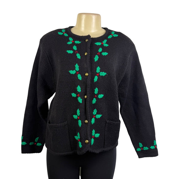 Vintage Tally-Ho Black Cardigan Sweater Holly Leaf Embroidery Button Front Sz PM