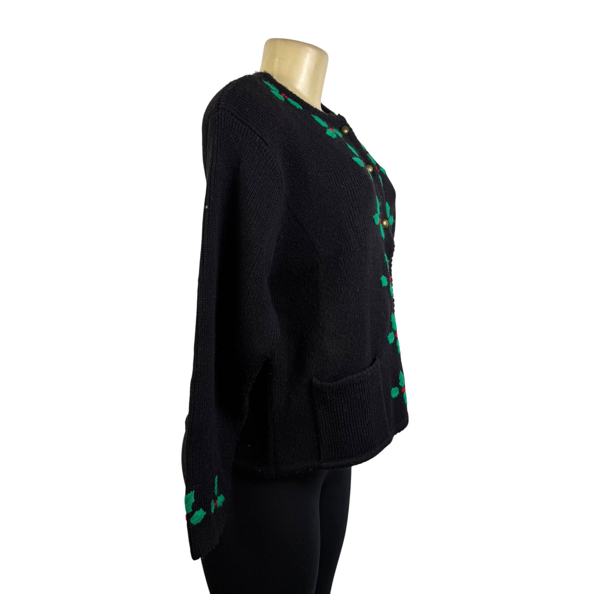 Vintage Tally-Ho Black Cardigan Sweater Holly Leaf Embroidery Button Front Sz PM