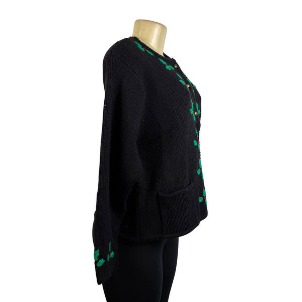 Vintage Tally-Ho Black Cardigan Sweater Holly Leaf Embroidery Button Front Sz PM