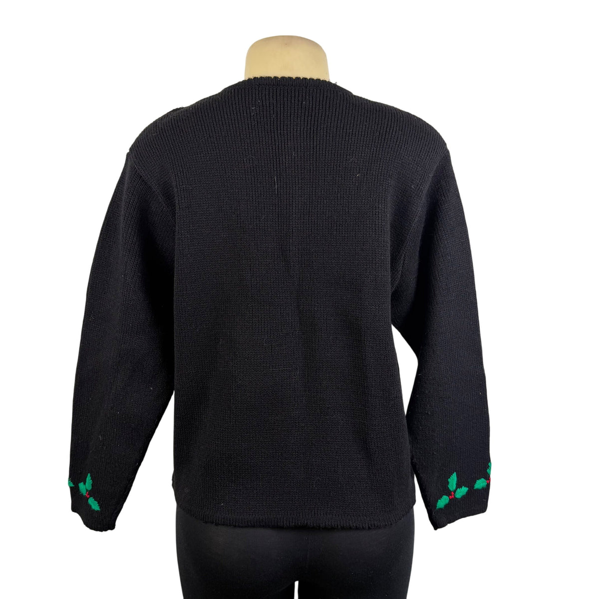 Vintage Tally-Ho Black Cardigan Sweater Holly Leaf Embroidery Button Front Sz PM