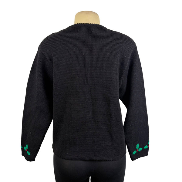 Vintage Tally-Ho Black Cardigan Sweater Holly Leaf Embroidery Button Front Sz PM