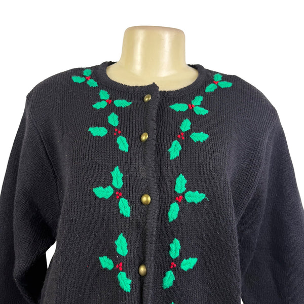 Vintage Tally-Ho Black Cardigan Sweater Holly Leaf Embroidery Button Front Sz PM