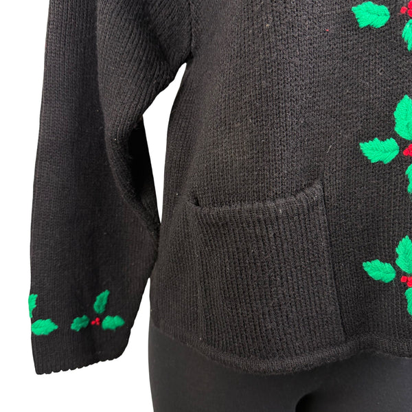 Vintage Tally-Ho Black Cardigan Sweater Holly Leaf Embroidery Button Front Sz PM