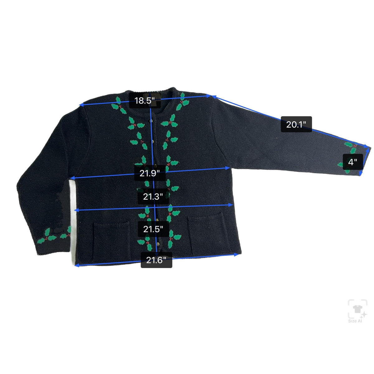 Vintage Tally-Ho Black Cardigan Sweater Holly Leaf Embroidery Button Front Sz PM