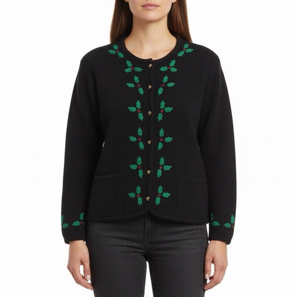 Vintage Tally-Ho Black Cardigan Sweater Holly Leaf Embroidery Button Front Sz PM