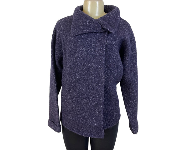 Eileen Fisher Women's Purple Boucle Knit Coat With High Collar Long Sleeves Sz S