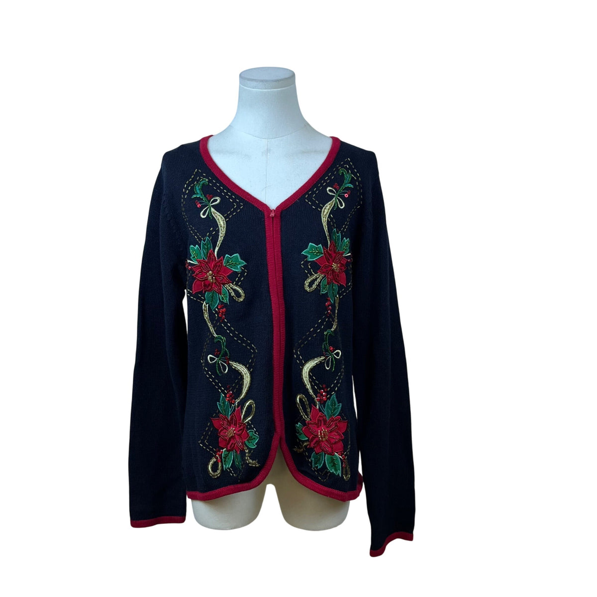 Tiara International Women's Black Red Cardigan Sweater Embroidered Sz L